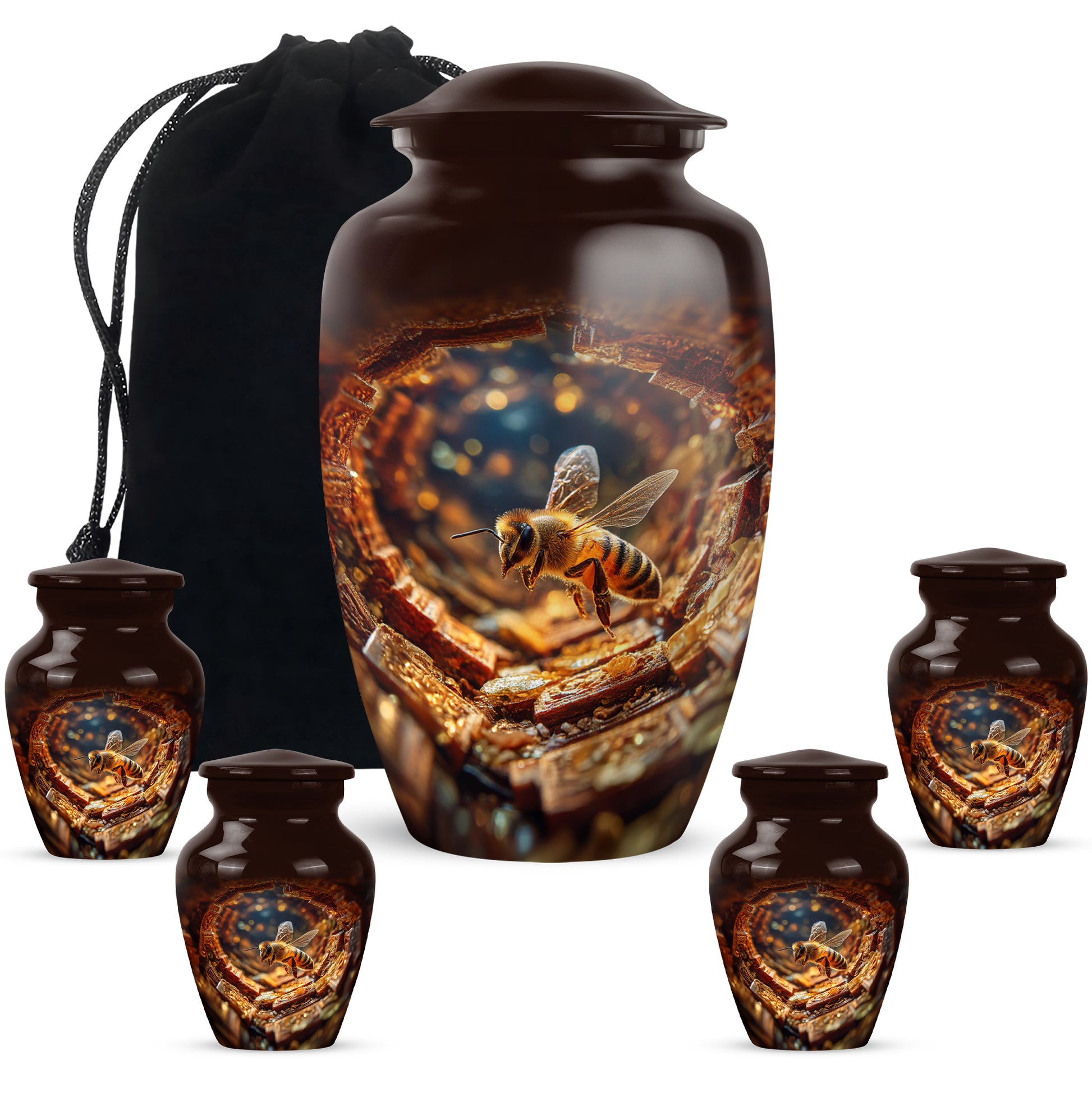 Crimson Red Bee Cremation Urn top-down view of secure threaded lid - timeless bee motif etched into premium metal - memorial set with one large and four small urns