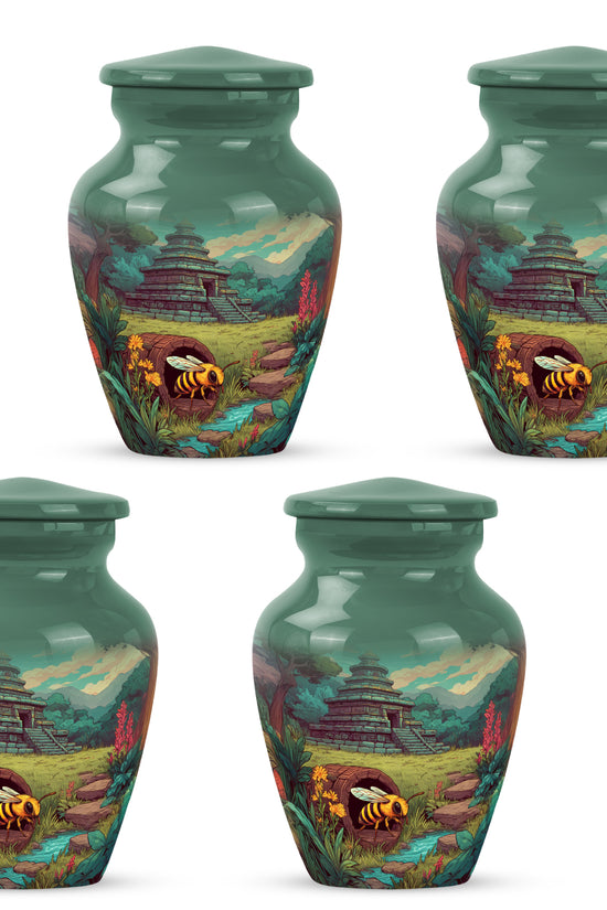 Jade Green Bee Cremation Urn side profile showing urn shape - classic sculpted bee pattern on smooth aluminum - 10 inch aluminum urn for cremated remains