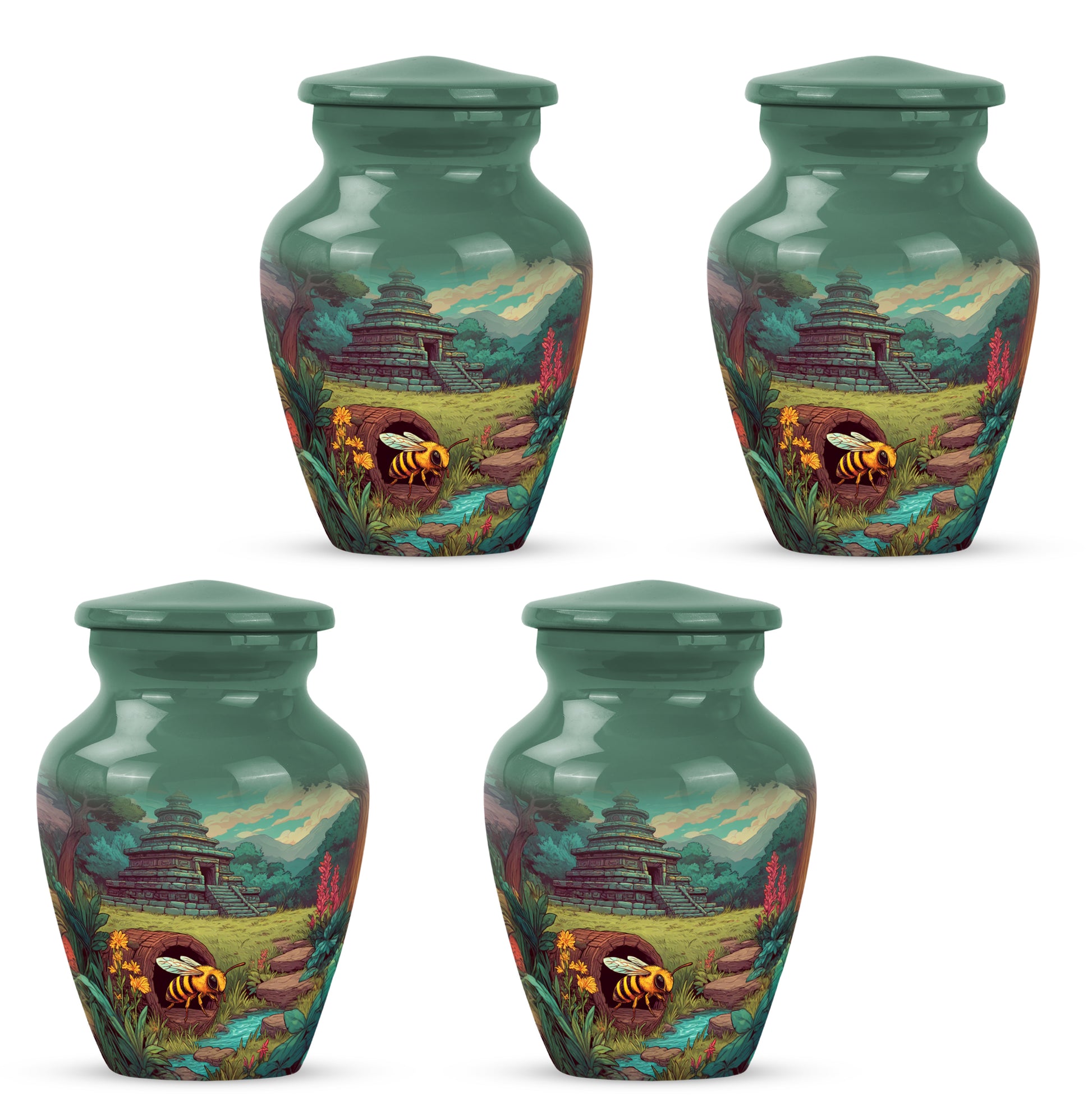 Jade Green Bee Cremation Urn side profile showing urn shape - classic sculpted bee pattern on smooth aluminum - 10 inch aluminum urn for cremated remains
