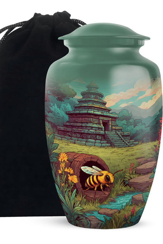Forest Green Bee Cremation Urn angled view of lid and engraved motif - traditional bee engraving with hand-polished finish - full-size 10 inch 200 cubic inch adult cremation urn