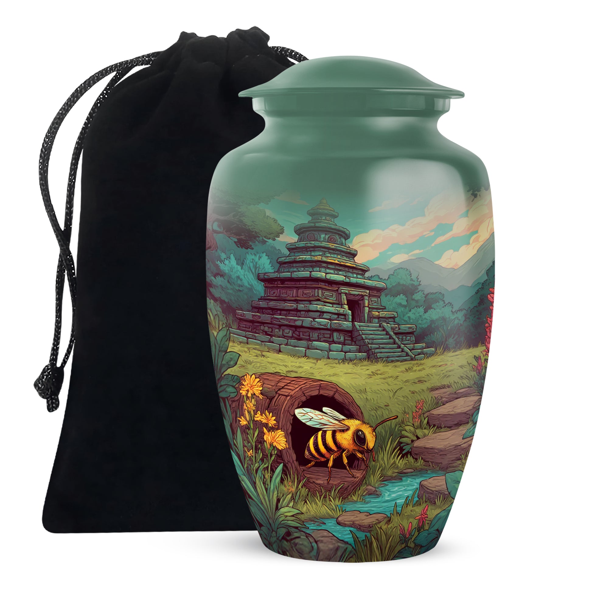 Forest Green Bee Cremation Urn angled view of lid and engraved motif - traditional bee engraving with hand-polished finish - full-size 10 inch 200 cubic inch adult cremation urn