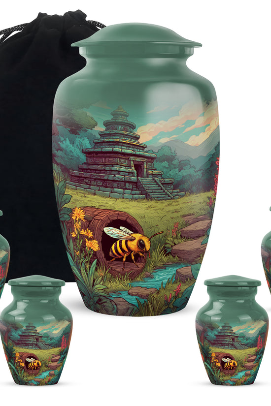 Pine Green Bee Cremation Urn top-down view of secure threaded lid - elegant classic bee relief with fine detailing - memorial set with one large and four small urns