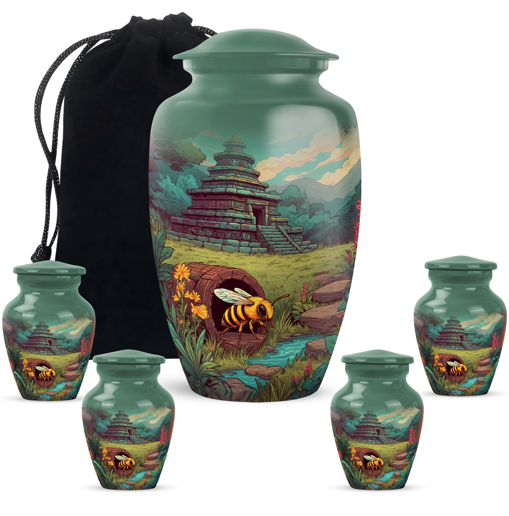 Pine Green Bee Cremation Urn top-down view of secure threaded lid - elegant classic bee relief with fine detailing - memorial set with one large and four small urns