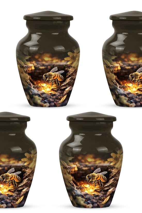 Harvest Gold Bee Cremation Urn side profile showing urn shape - elegant classic bee relief with fine detailing - 10 inch aluminum urn for cremated remains