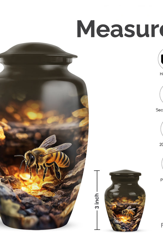Warm Gold Bee Cremation Urn close-up of engraving and surface detail - traditional bee engraving with hand-polished finish - mini keepsake memorial for portion of cremation ashes