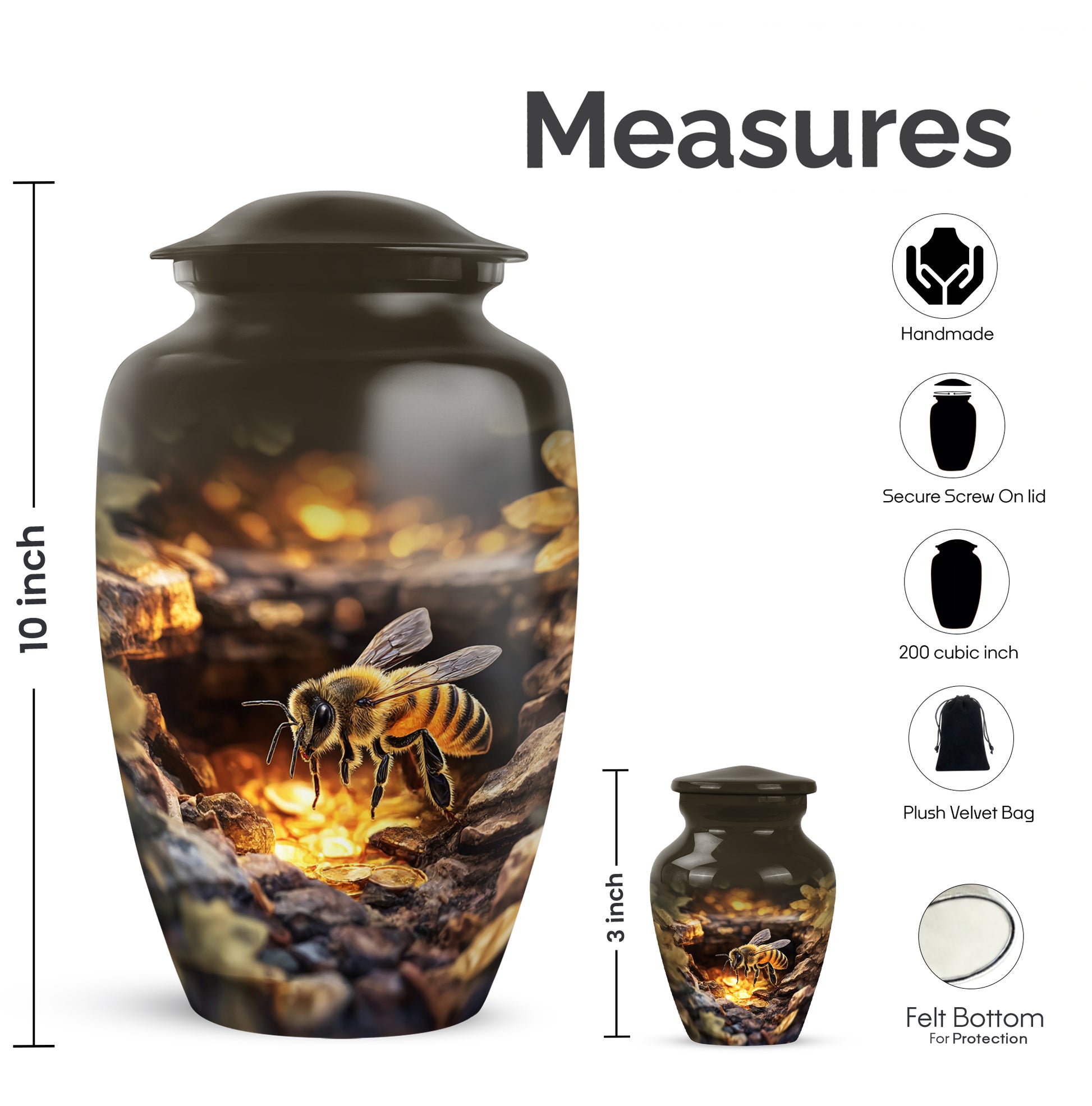 Warm Gold Bee Cremation Urn close-up of engraving and surface detail - traditional bee engraving with hand-polished finish - mini keepsake memorial for portion of cremation ashes