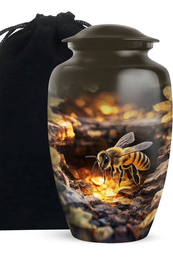 Champagne Gold Bee Cremation Urn angled view of lid and engraved motif - timeless bee motif etched into premium metal - full-size 10 inch 200 cubic inch adult cremation urn