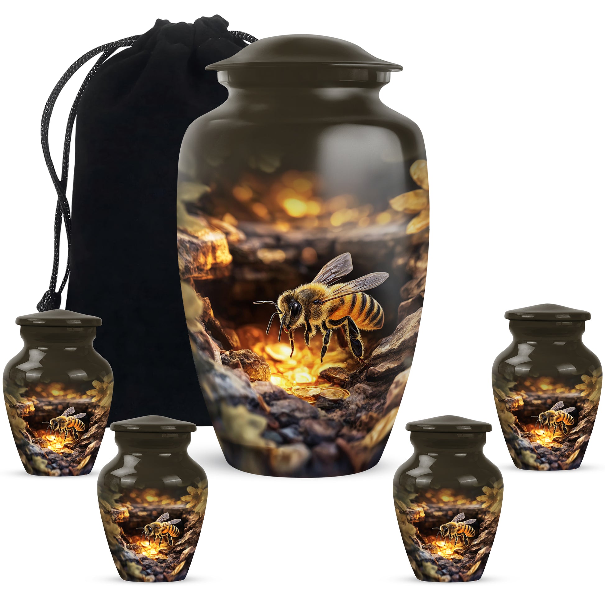 Gilded Gold Bee Cremation Urn top-down view of secure threaded lid - classic sculpted bee pattern on smooth aluminum - memorial set with one large and four small urns