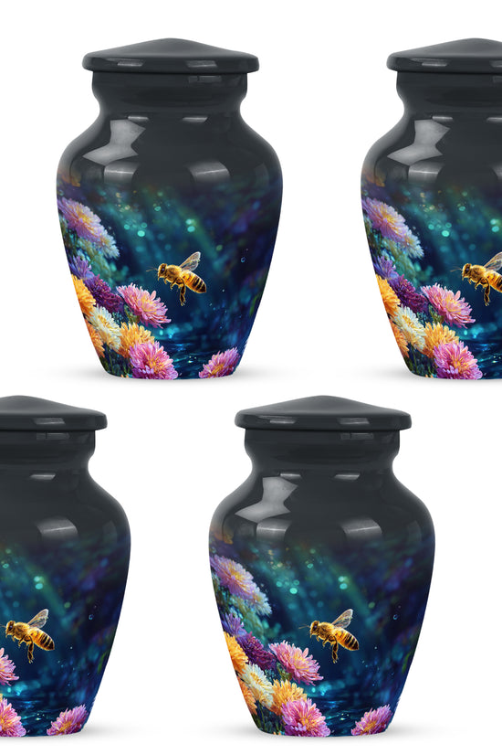 Ebony Bee Cremation Urn side profile showing urn shape - timeless bee motif etched into premium metal - 10 inch aluminum urn for cremated remains