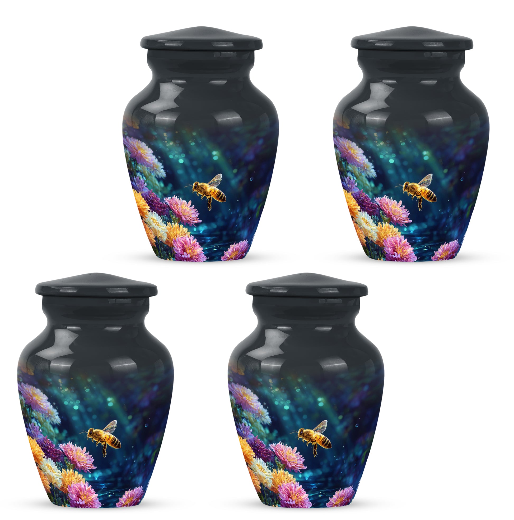 Ebony Bee Cremation Urn side profile showing urn shape - timeless bee motif etched into premium metal - 10 inch aluminum urn for cremated remains