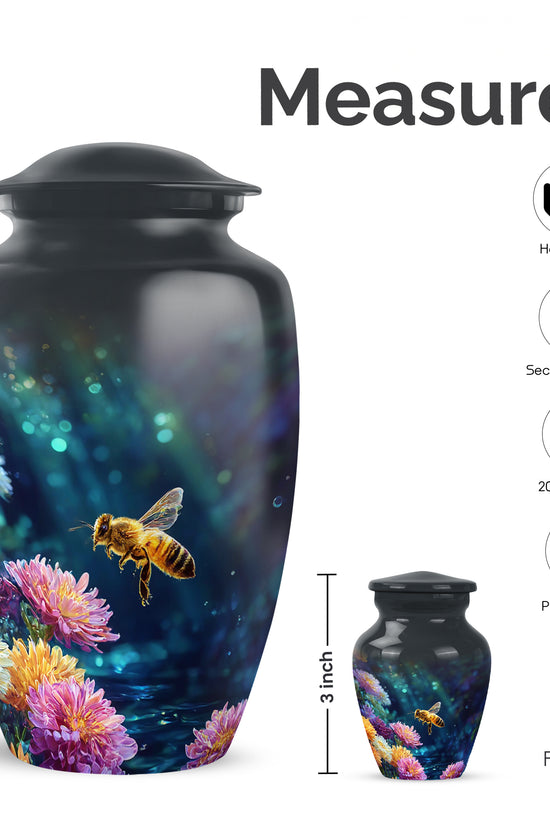 Ebony Bee Cremation Urn close-up of engraving and surface detail - timeless bee motif etched into premium metal - mini keepsake memorial for portion of cremation ashes