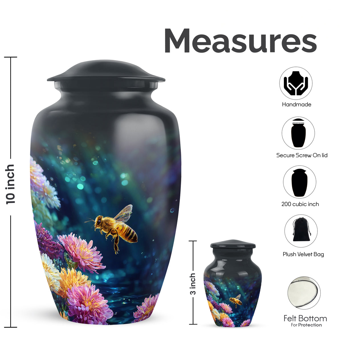 Ebony Bee Cremation Urn close-up of engraving and surface detail - timeless bee motif etched into premium metal - mini keepsake memorial for portion of cremation ashes