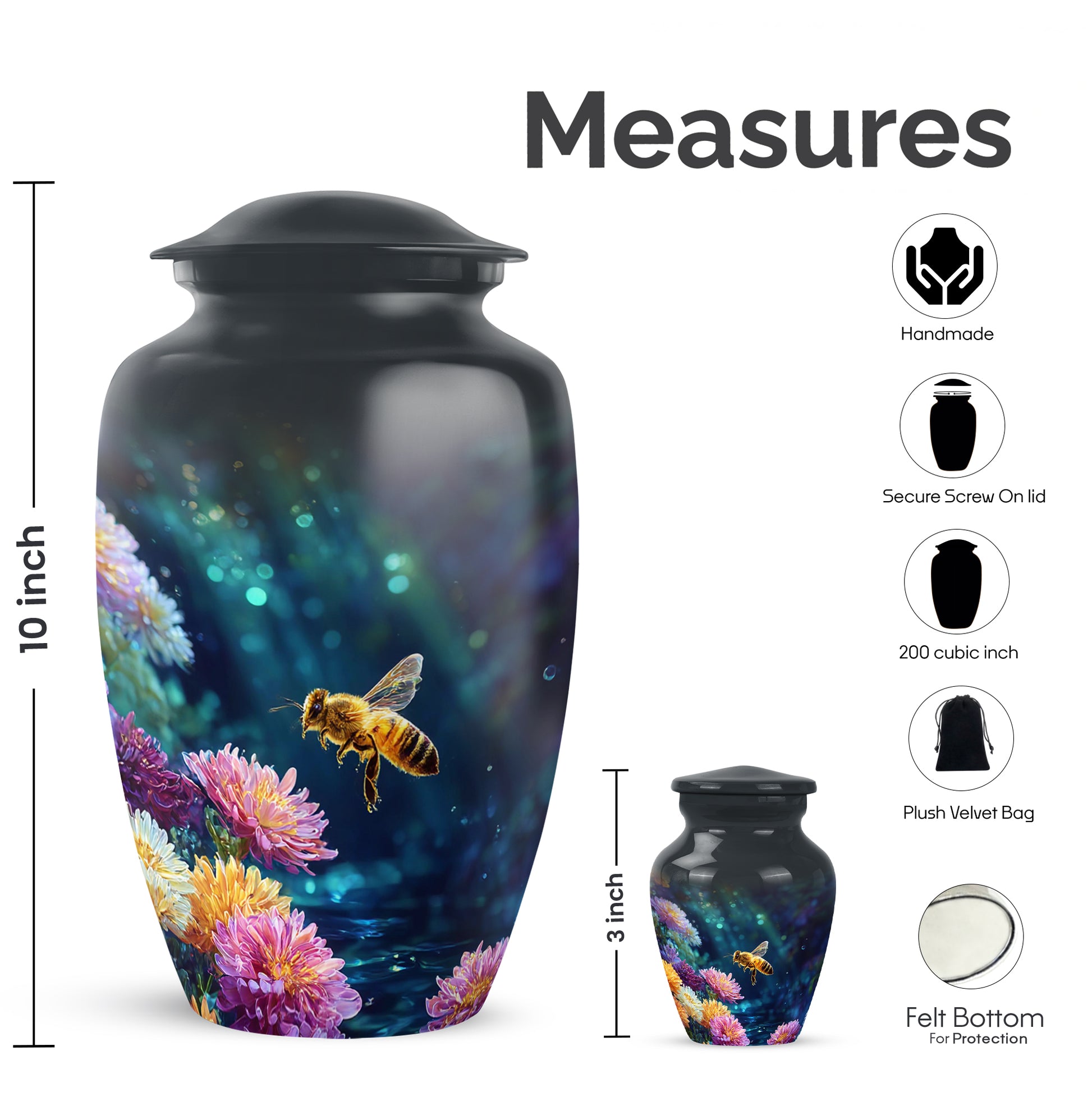 Ebony Bee Cremation Urn close-up of engraving and surface detail - timeless bee motif etched into premium metal - mini keepsake memorial for portion of cremation ashes