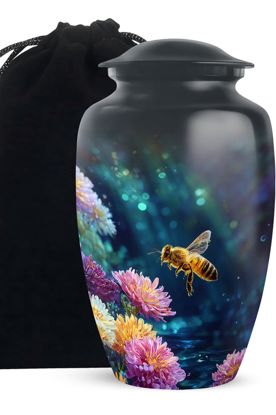 Glossy Black Bee Cremation Urn angled view of lid and engraved motif - timeless bee motif etched into premium metal - full-size 10 inch 200 cubic inch adult cremation urn