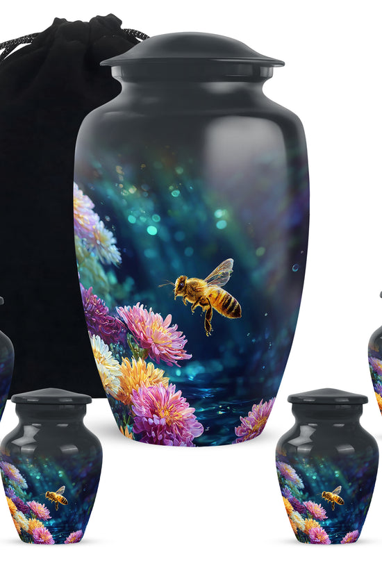 Midnight Black Bee Cremation Urn top-down view of secure threaded lid - elegant classic bee relief with fine detailing - memorial set with one large and four small urns