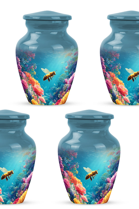 Steel Blue Bee Cremation Urn side profile showing urn shape - traditional bee engraving with hand-polished finish - 10 inch aluminum urn for cremated remains