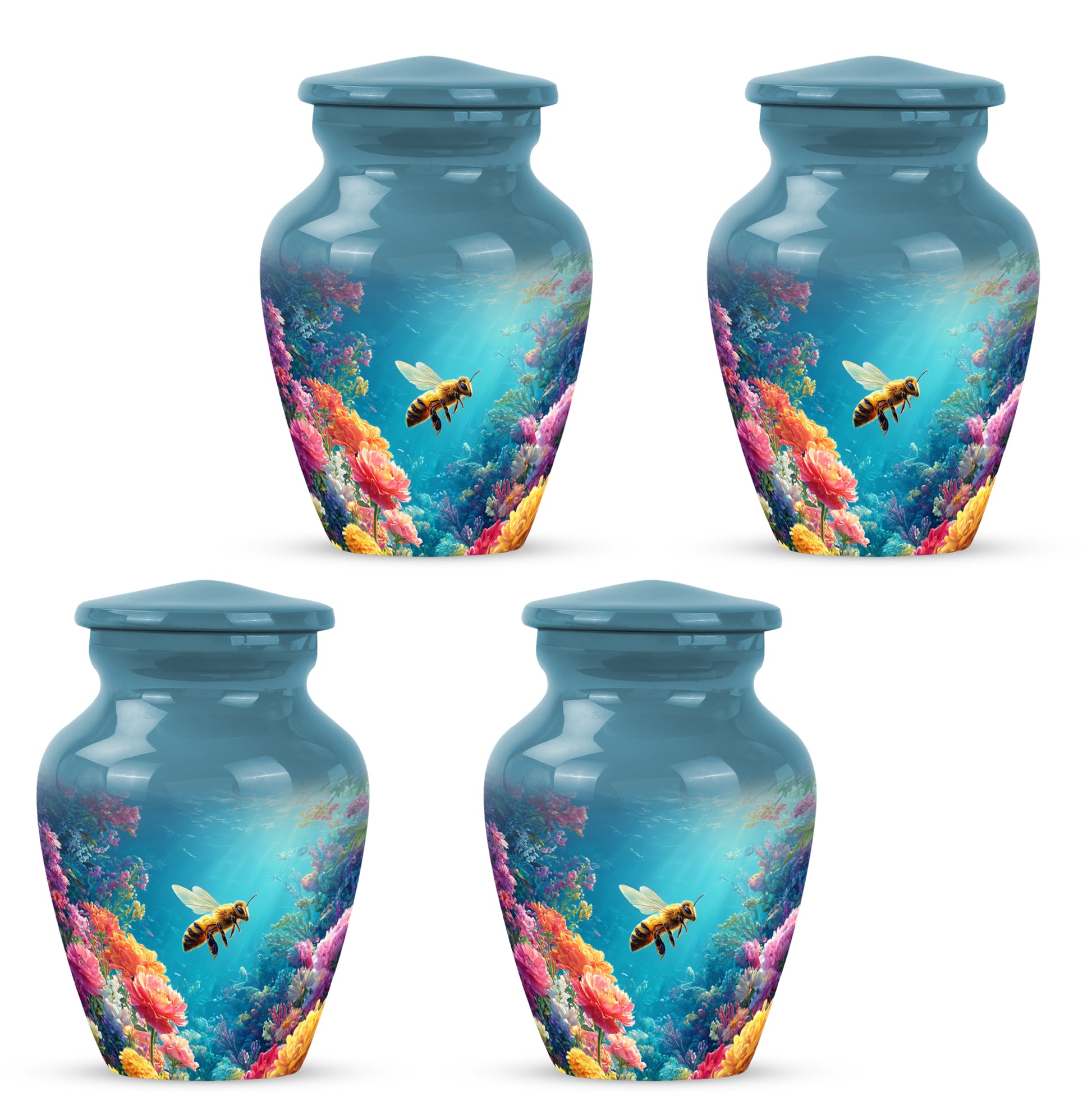 Steel Blue Bee Cremation Urn side profile showing urn shape - traditional bee engraving with hand-polished finish - 10 inch aluminum urn for cremated remains