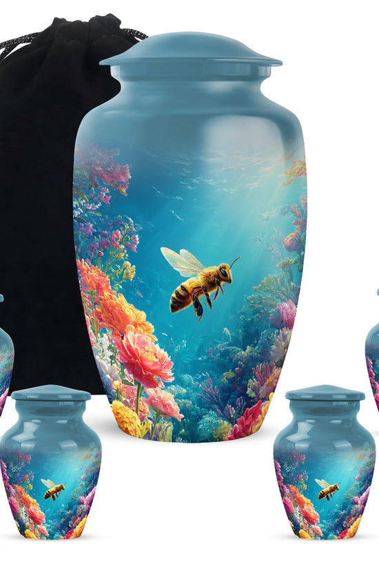 Twilight Blue Bee Cremation Urn top-down view of secure threaded lid - elegant classic bee relief with fine detailing - memorial set with one large and four small urns