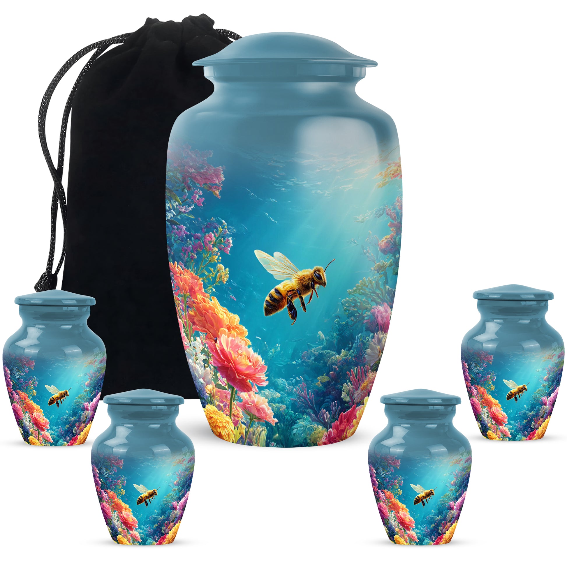 Twilight Blue Bee Cremation Urn top-down view of secure threaded lid - elegant classic bee relief with fine detailing - memorial set with one large and four small urns
