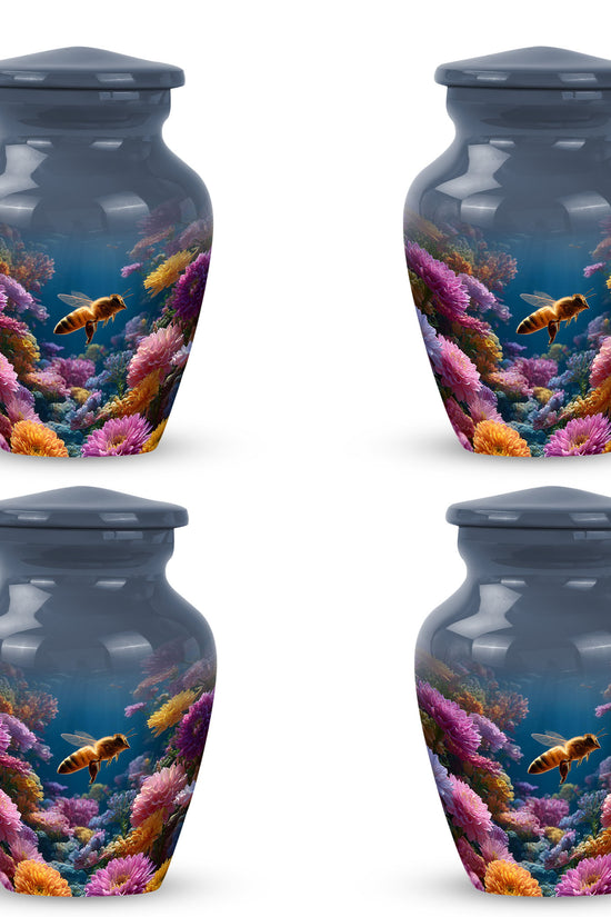 Steel Blue Bee Cremation Urn side profile showing urn shape - traditional bee engraving with hand-polished finish - 10 inch aluminum urn for cremated remains