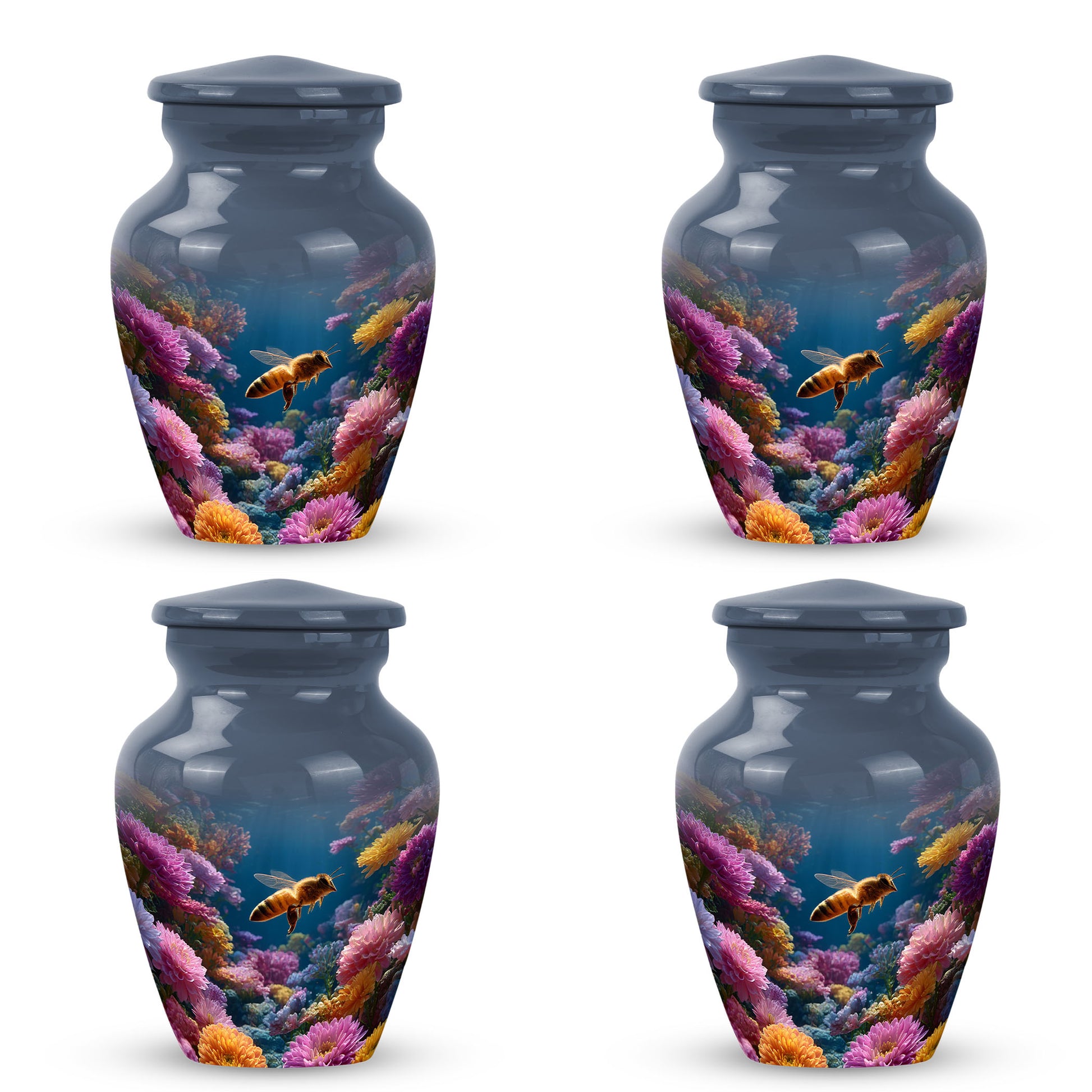 Steel Blue Bee Cremation Urn side profile showing urn shape - traditional bee engraving with hand-polished finish - 10 inch aluminum urn for cremated remains