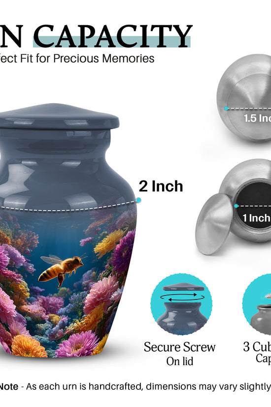Calming Blue Bee Cremation Urn close-up of engraving and surface detail - traditional bee engraving with hand-polished finish - mini keepsake memorial for portion of cremation ashes