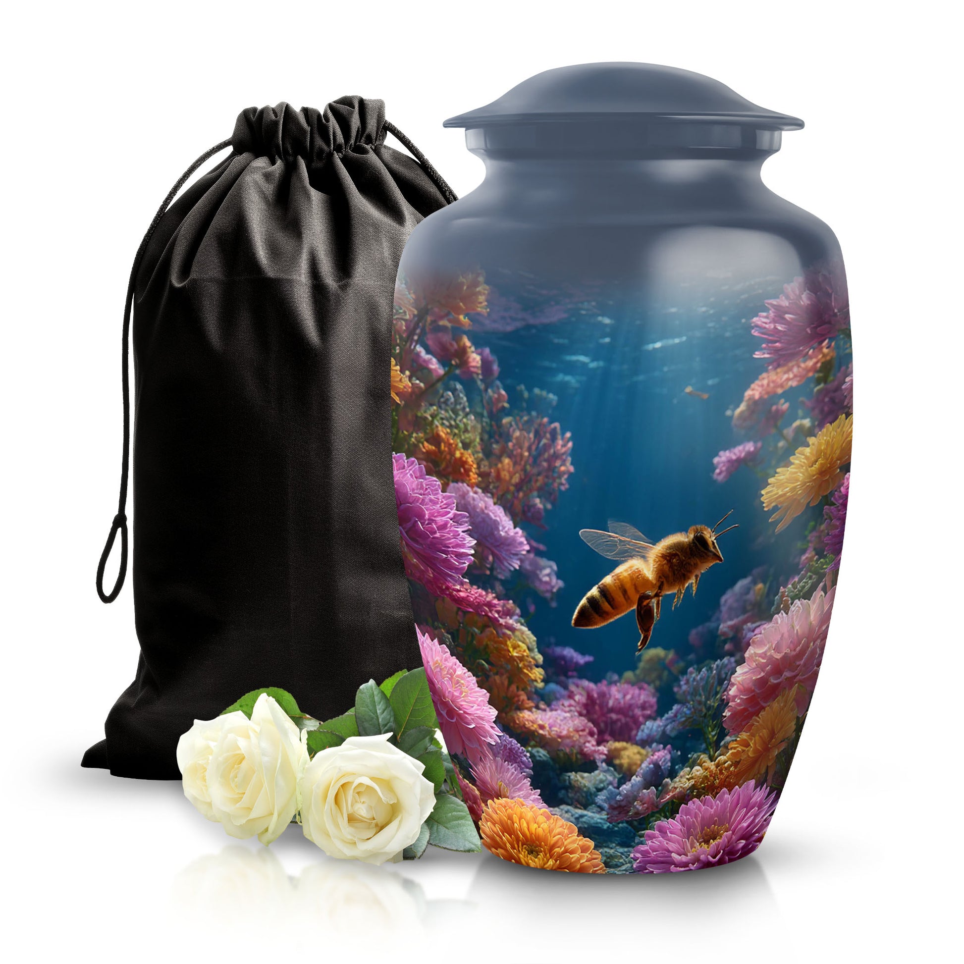 Navy Blue Bee Cremation Urn angled view of lid and engraved motif - timeless bee motif etched into premium metal - full-size 10 inch 200 cubic inch adult cremation urn