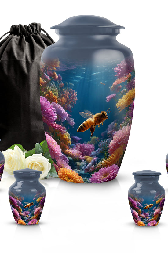 Serene Blue Bee Cremation Urn top-down view of secure threaded lid - traditional bee engraving with hand-polished finish - memorial set with one large and four small urns