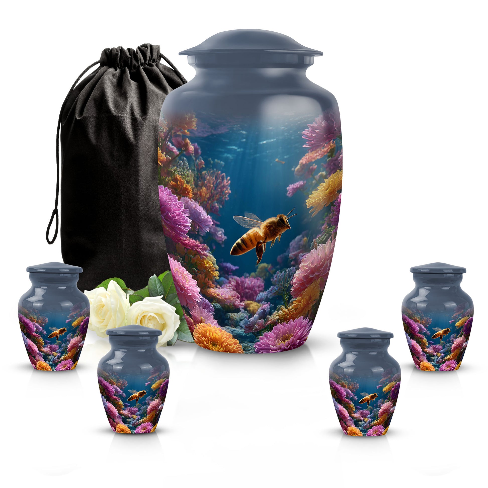 Serene Blue Bee Cremation Urn top-down view of secure threaded lid - traditional bee engraving with hand-polished finish - memorial set with one large and four small urns