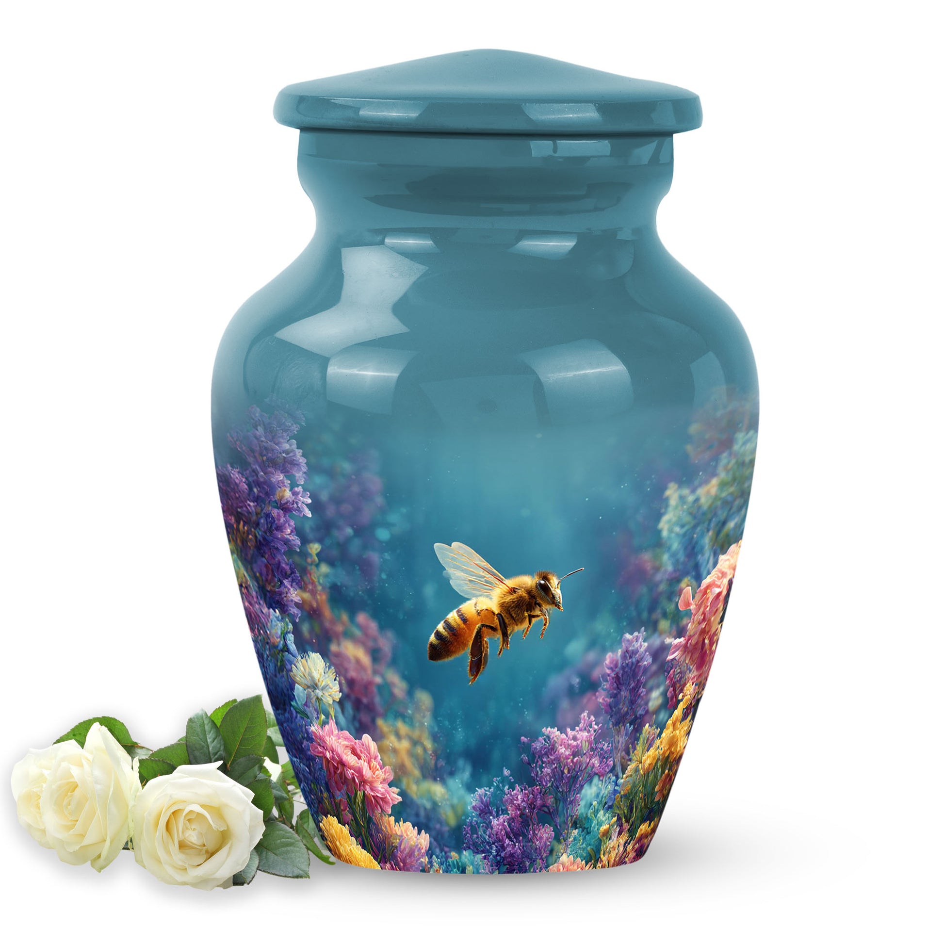 Personalized Teal Steadfast Bee Cremation Urns for Human Ashes - 10-inch, 200 cu in - Karyliz