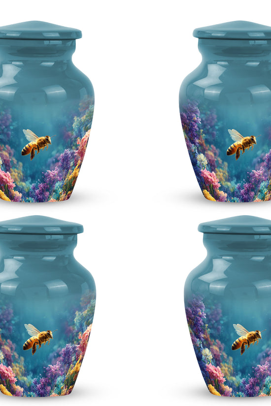 Vivid Teal Bee Cremation Urn side profile showing urn shape - traditional bee engraving with hand-polished finish - 10 inch aluminum urn for cremated remains