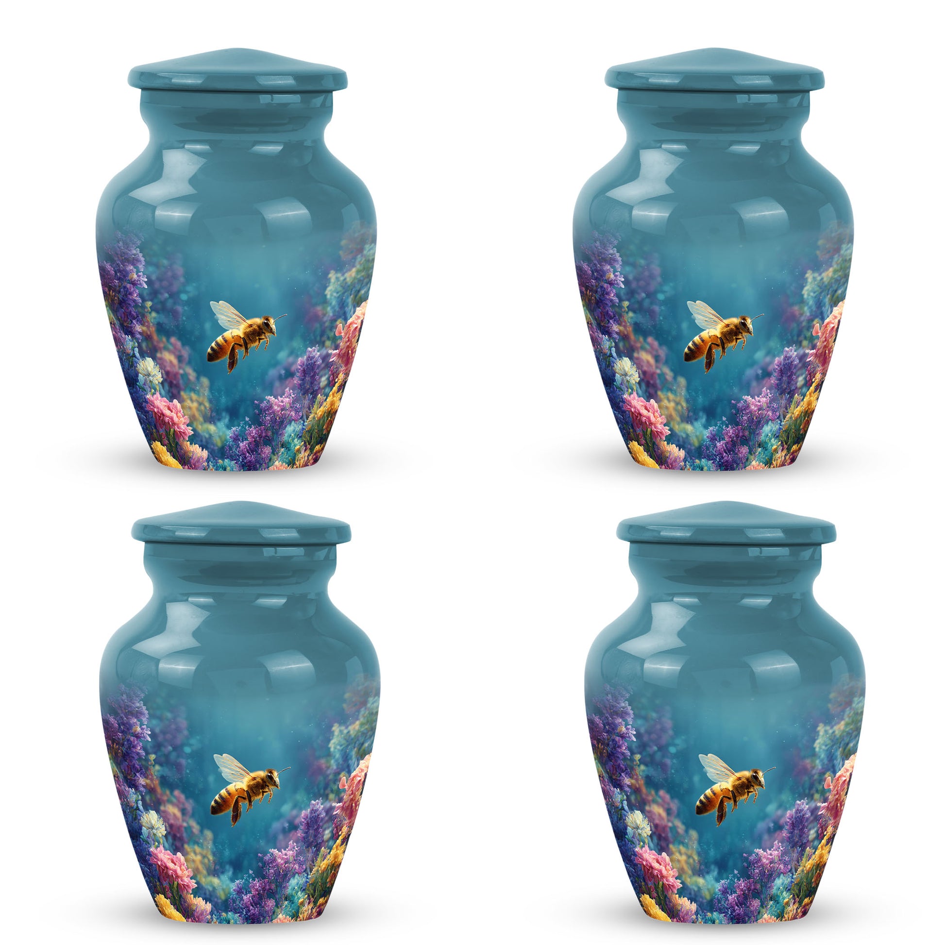 Vivid Teal Bee Cremation Urn side profile showing urn shape - traditional bee engraving with hand-polished finish - 10 inch aluminum urn for cremated remains