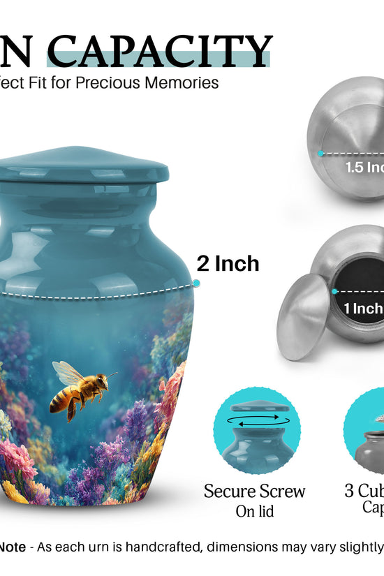 Soft Teal Bee Cremation Urn close-up of engraving and surface detail - timeless bee motif etched into premium metal - mini keepsake memorial for portion of cremation ashes