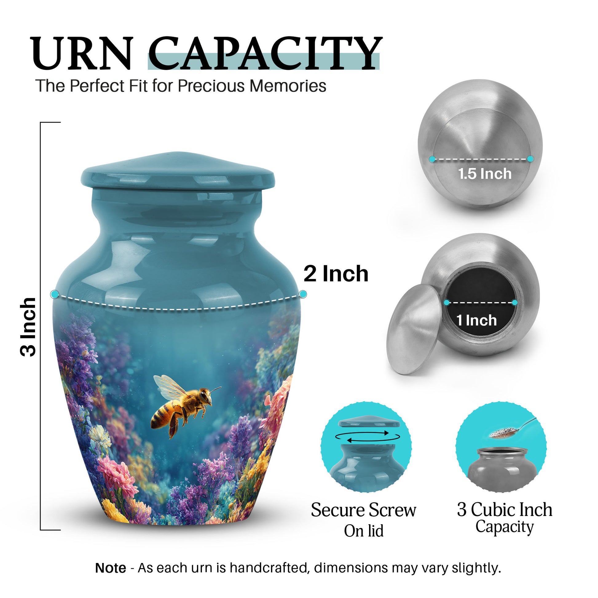 Soft Teal Bee Cremation Urn close-up of engraving and surface detail - timeless bee motif etched into premium metal - mini keepsake memorial for portion of cremation ashes