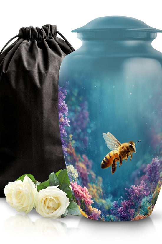 Tropical Teal Bee Cremation Urn angled view of lid and engraved motif - elegant classic bee relief with fine detailing - full-size 10 inch 200 cubic inch adult cremation urn