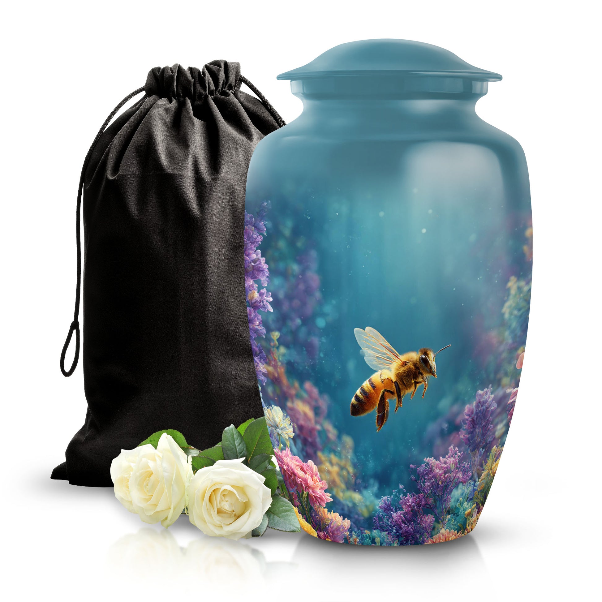 Tropical Teal Bee Cremation Urn angled view of lid and engraved motif - elegant classic bee relief with fine detailing - full-size 10 inch 200 cubic inch adult cremation urn