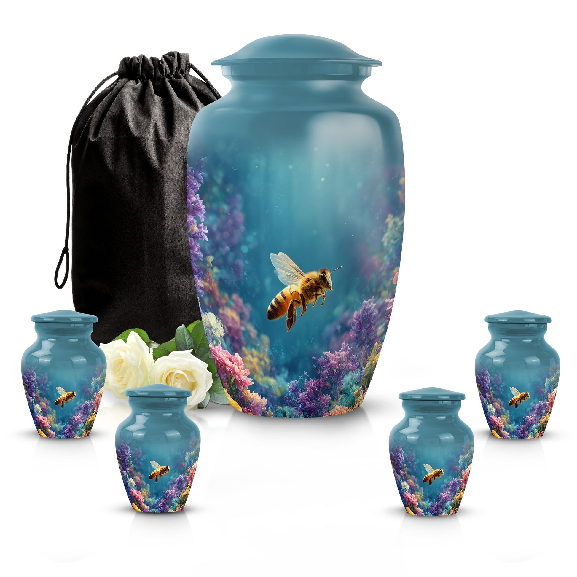 Soft Teal Bee Cremation Urn top-down view of secure threaded lid - classic sculpted bee pattern on smooth aluminum - memorial set with one large and four small urns