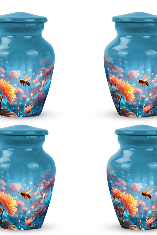 Royal Blue Bee Cremation Urn side profile showing urn shape - traditional bee engraving with hand-polished finish - 10 inch aluminum urn for cremated remains