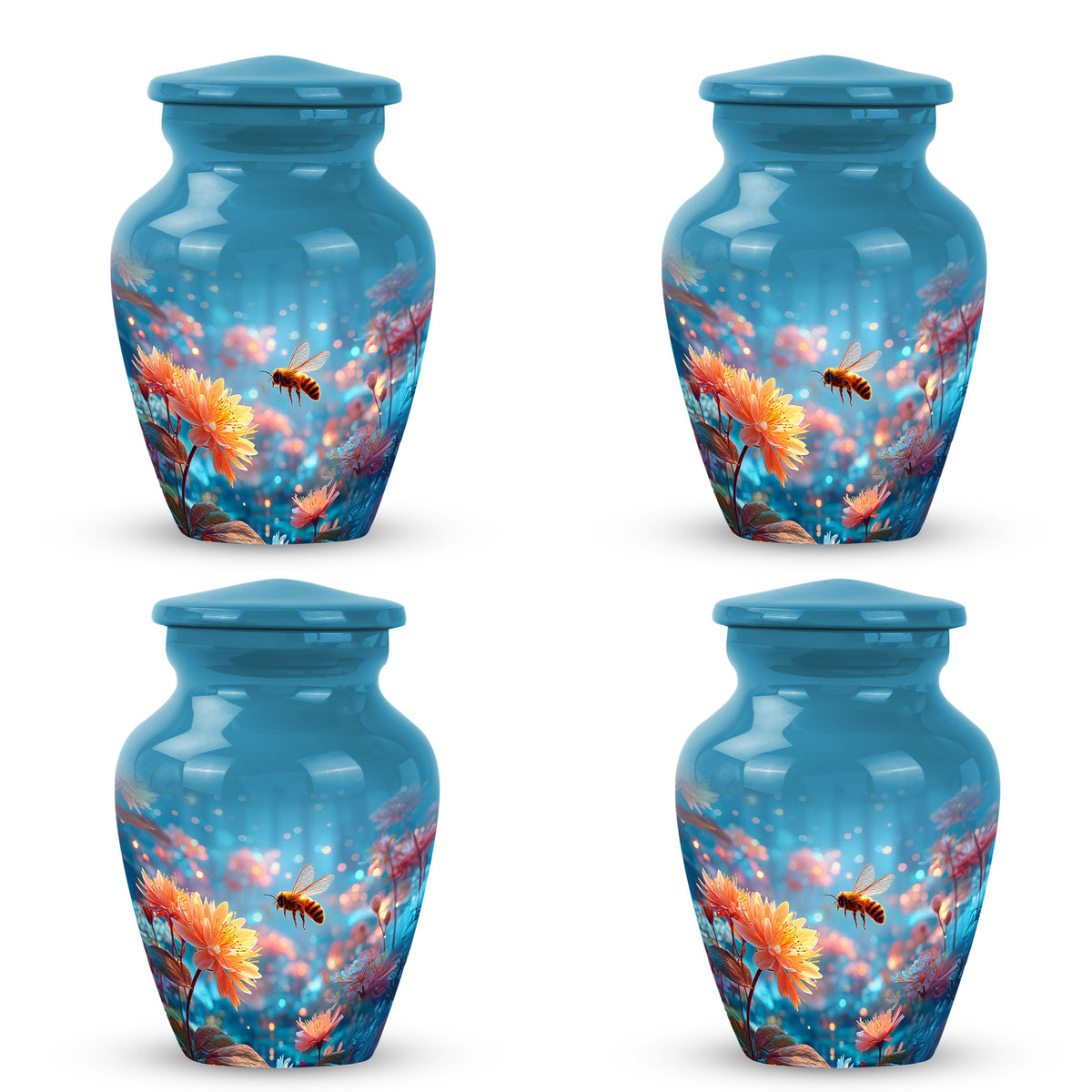 Royal Blue Bee Cremation Urn side profile showing urn shape - traditional bee engraving with hand-polished finish - 10 inch aluminum urn for cremated remains