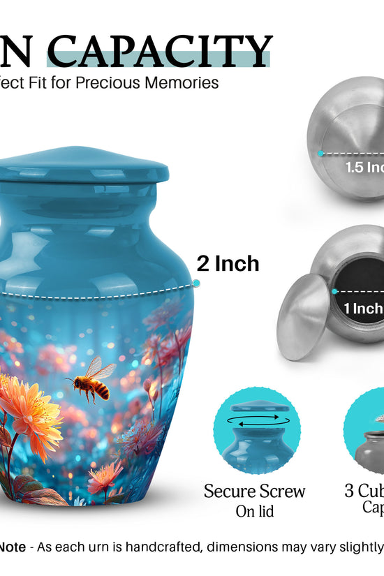 Azure Bee Cremation Urn close-up of engraving and surface detail - classic sculpted bee pattern on smooth aluminum - mini keepsake memorial for portion of cremation ashes