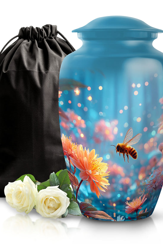 Sky Blue Bee Cremation Urn angled view of lid and engraved motif - classic sculpted bee pattern on smooth aluminum - full-size 10 inch 200 cubic inch adult cremation urn
