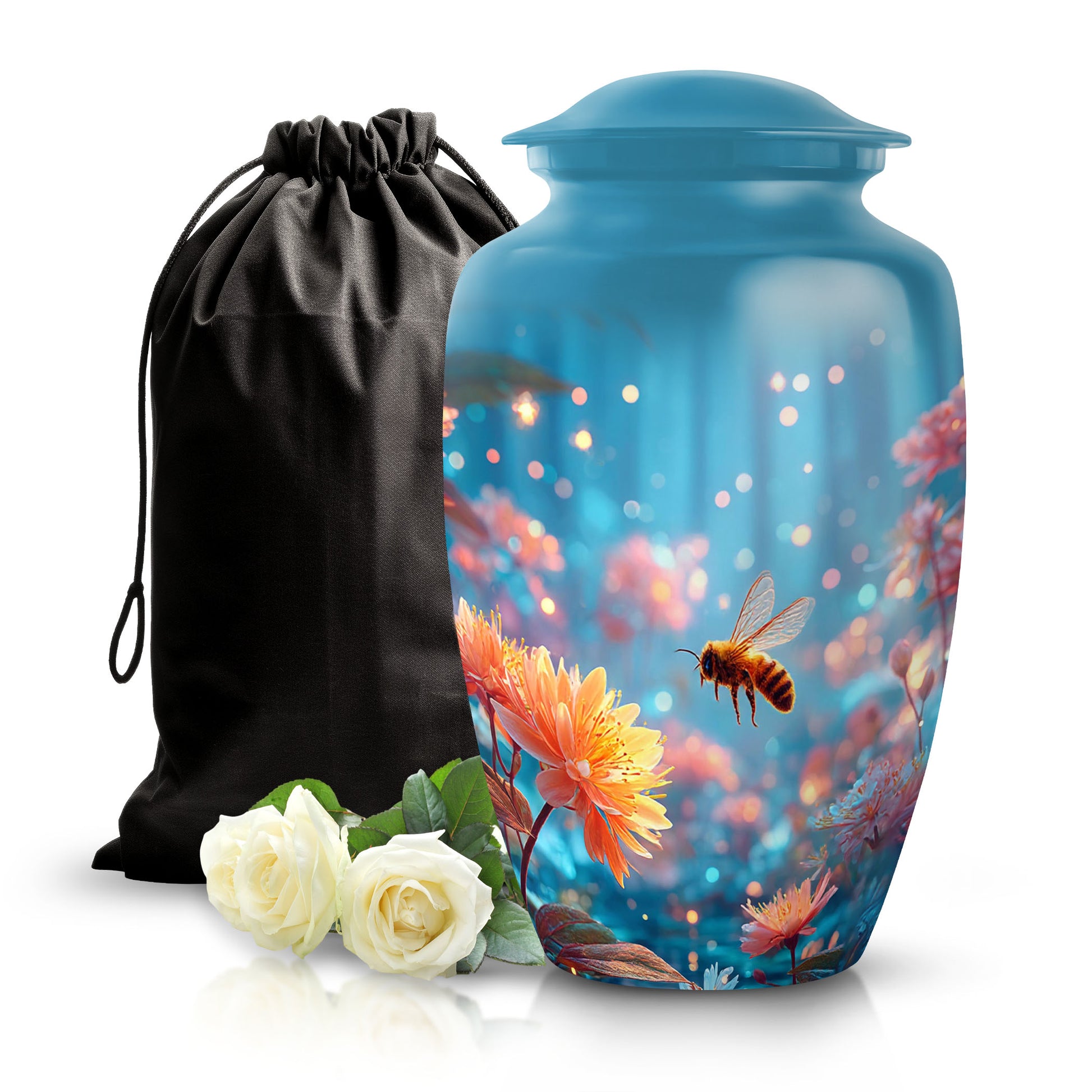 Sky Blue Bee Cremation Urn angled view of lid and engraved motif - classic sculpted bee pattern on smooth aluminum - full-size 10 inch 200 cubic inch adult cremation urn