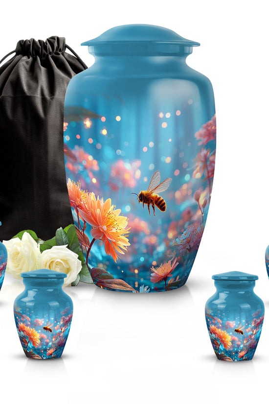 Sapphire Blue Bee Cremation Urn top-down view of secure threaded lid - traditional bee engraving with hand-polished finish - memorial set with one large and four small urns