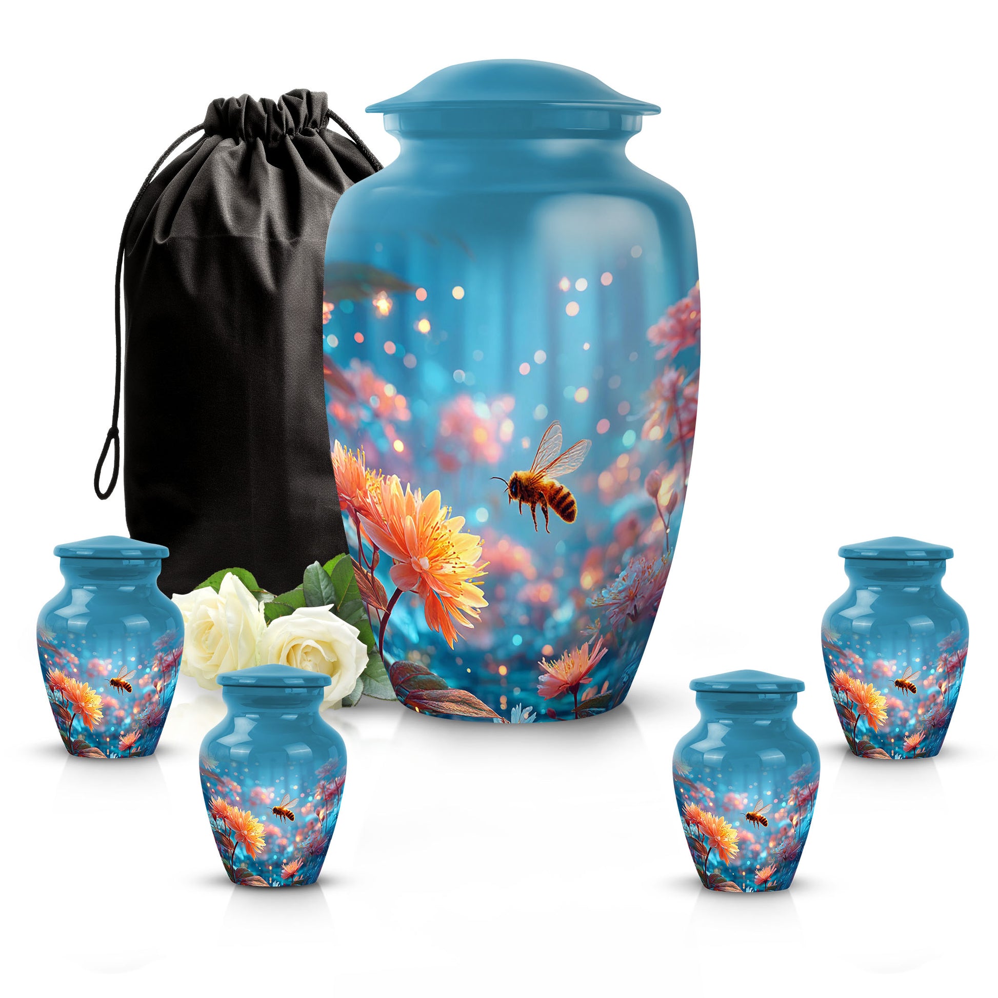 Sapphire Blue Bee Cremation Urn top-down view of secure threaded lid - traditional bee engraving with hand-polished finish - memorial set with one large and four small urns