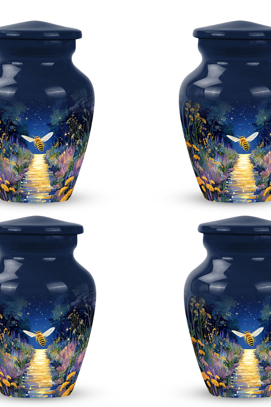 Azure Bee Cremation Urn side profile showing urn shape - timeless bee motif etched into premium metal - 10 inch aluminum urn for cremated remains