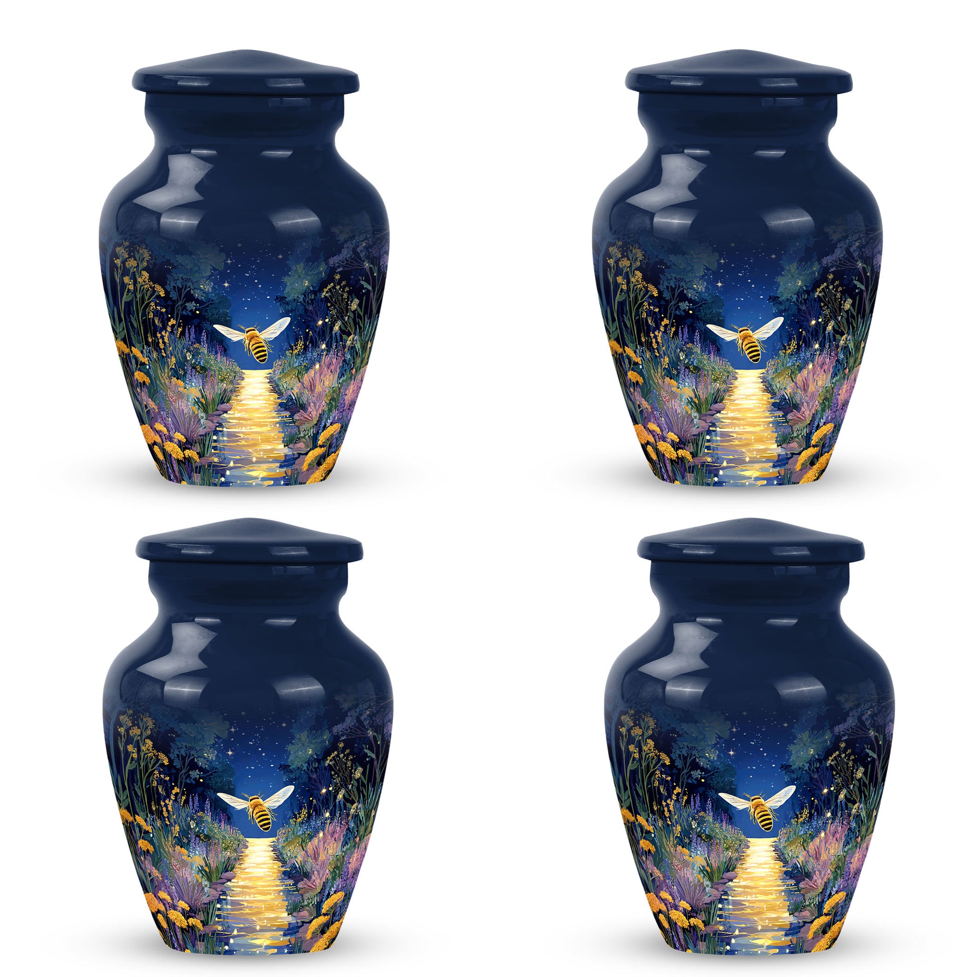 Azure Bee Cremation Urn side profile showing urn shape - timeless bee motif etched into premium metal - 10 inch aluminum urn for cremated remains