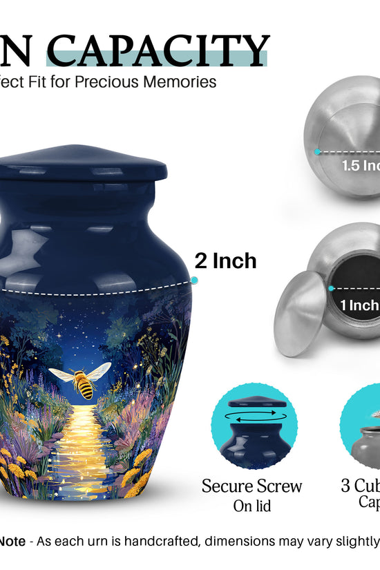 Vivid Blue Bee Cremation Urn close-up of engraving and surface detail - traditional bee engraving with hand-polished finish - mini keepsake memorial for portion of cremation ashes