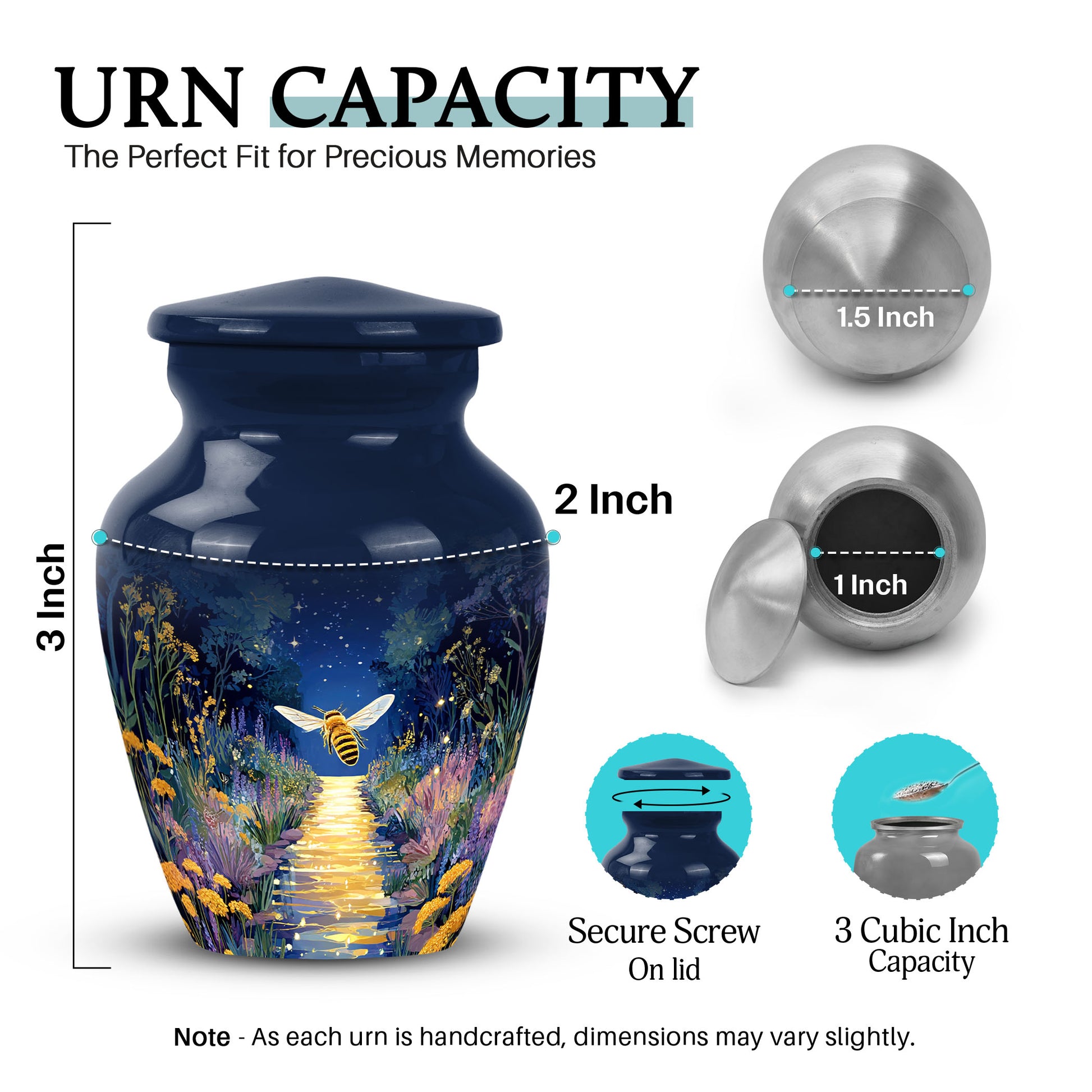 Vivid Blue Bee Cremation Urn close-up of engraving and surface detail - traditional bee engraving with hand-polished finish - mini keepsake memorial for portion of cremation ashes