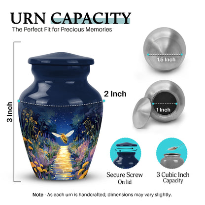 Vivid Blue Bee Cremation Urn close-up of engraving and surface detail - traditional bee engraving with hand-polished finish - mini keepsake memorial for portion of cremation ashes