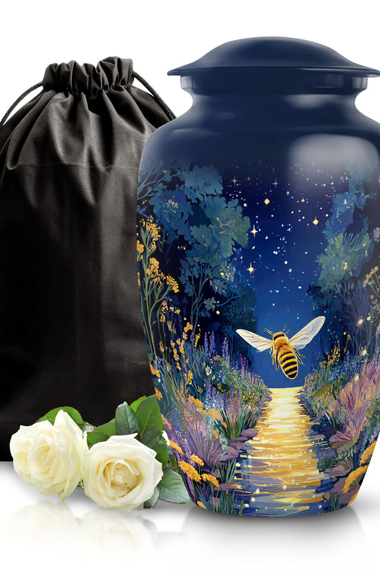 Azure Bee Cremation Urn angled view of lid and engraved motif - timeless bee motif etched into premium metal - full-size 10 inch 200 cubic inch adult cremation urn